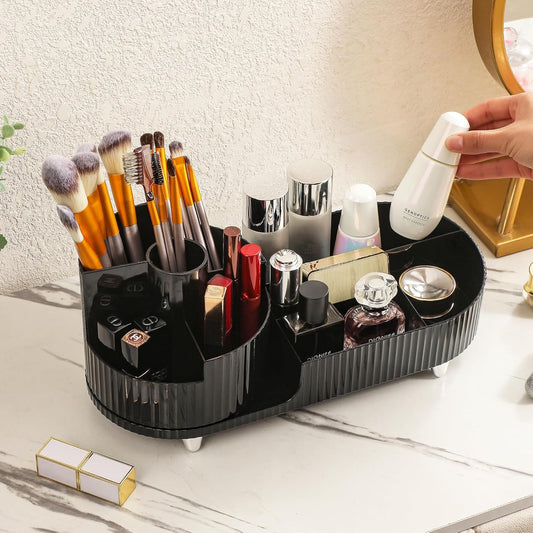 Rotating Makeup Organizer, Skin Care Perfume Brush Holder, Make up Vanity Organizer Countertop, Large Capacity Cosmetic Storage for Bedroom Dresser, Bathroom Counter(Black)