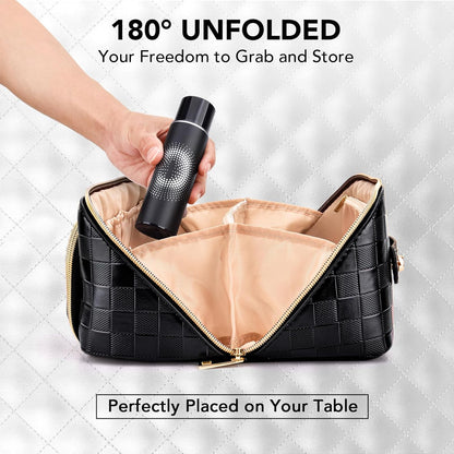 Travel Makeup Bag for Women, Large Capacity PU Leather Waterproof Checkered Cosmetic Bags, Portable Pouch Open Flat Toiletry Bag, Make up Organizer with Divider and Handle, Black