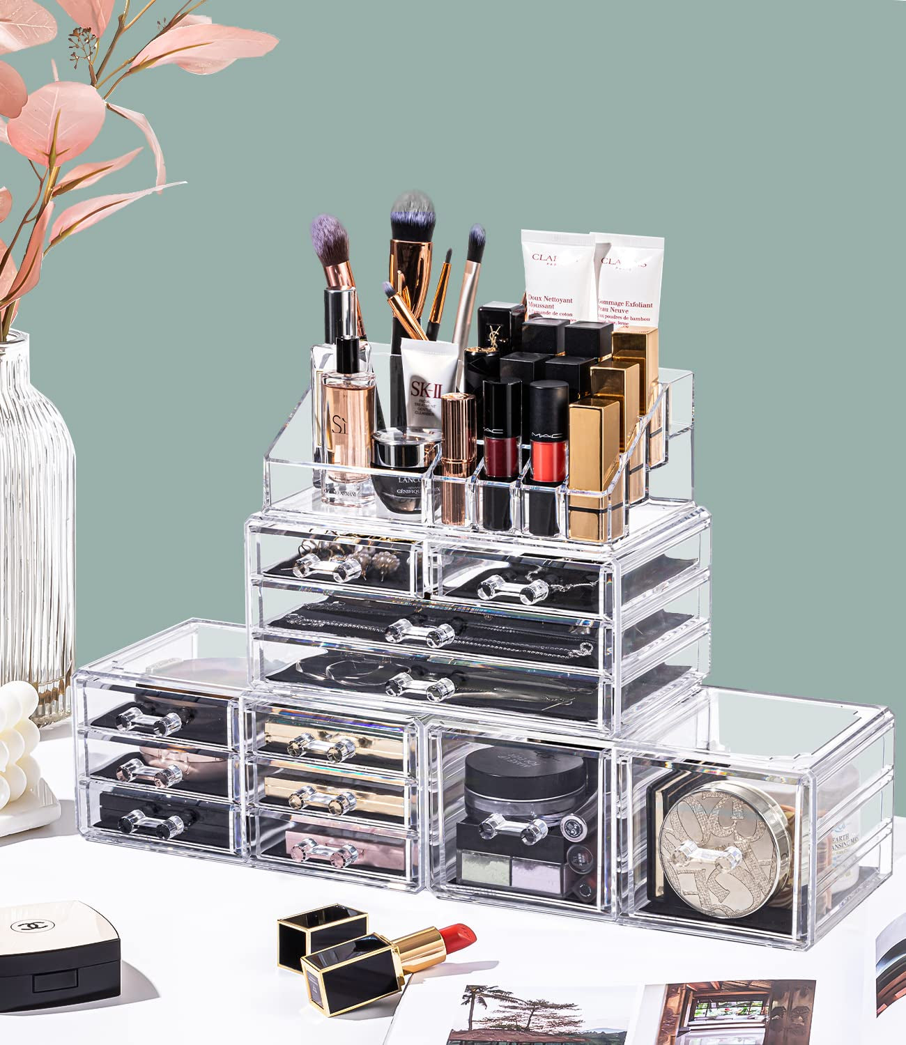 Makeup Organizer 4 Pieces, Acrylic Makeup Storage Box with 12 Drawers for Lipstick Jewelry and Makeup Brushes, Stackable Vanity Organizer for Dresser and Bathroom Countertop