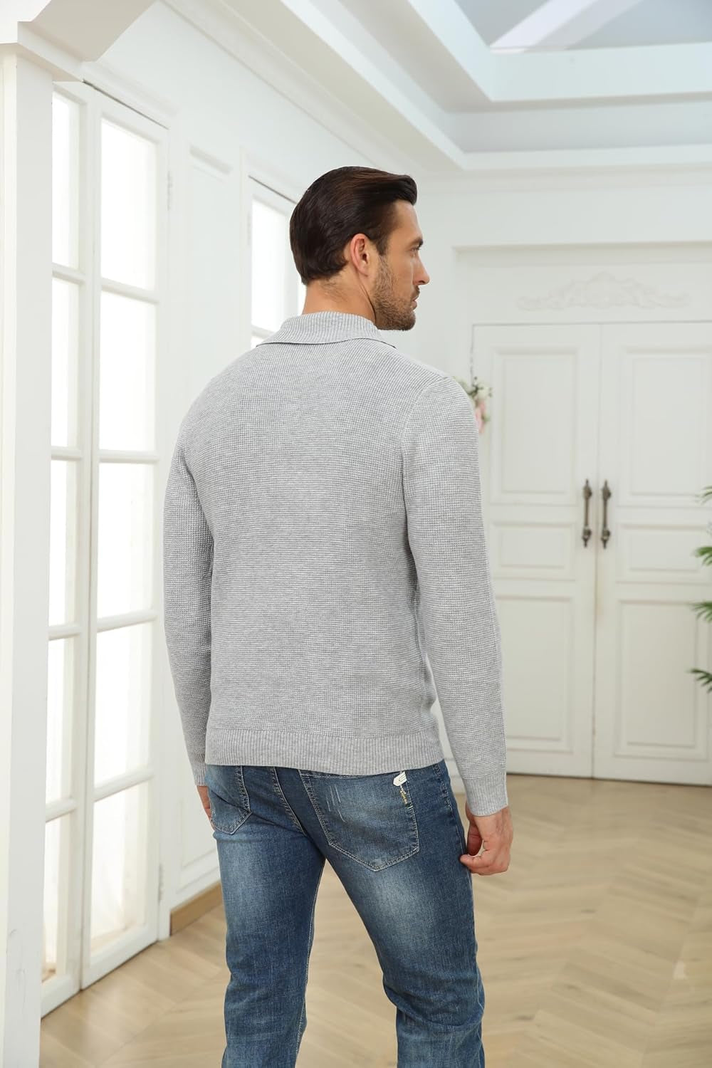 Fashion Sweater for Men Long Sleeve Solid Color V Neck Knitted Pullover Casaul Fitted Sports Polo Sweatershirts