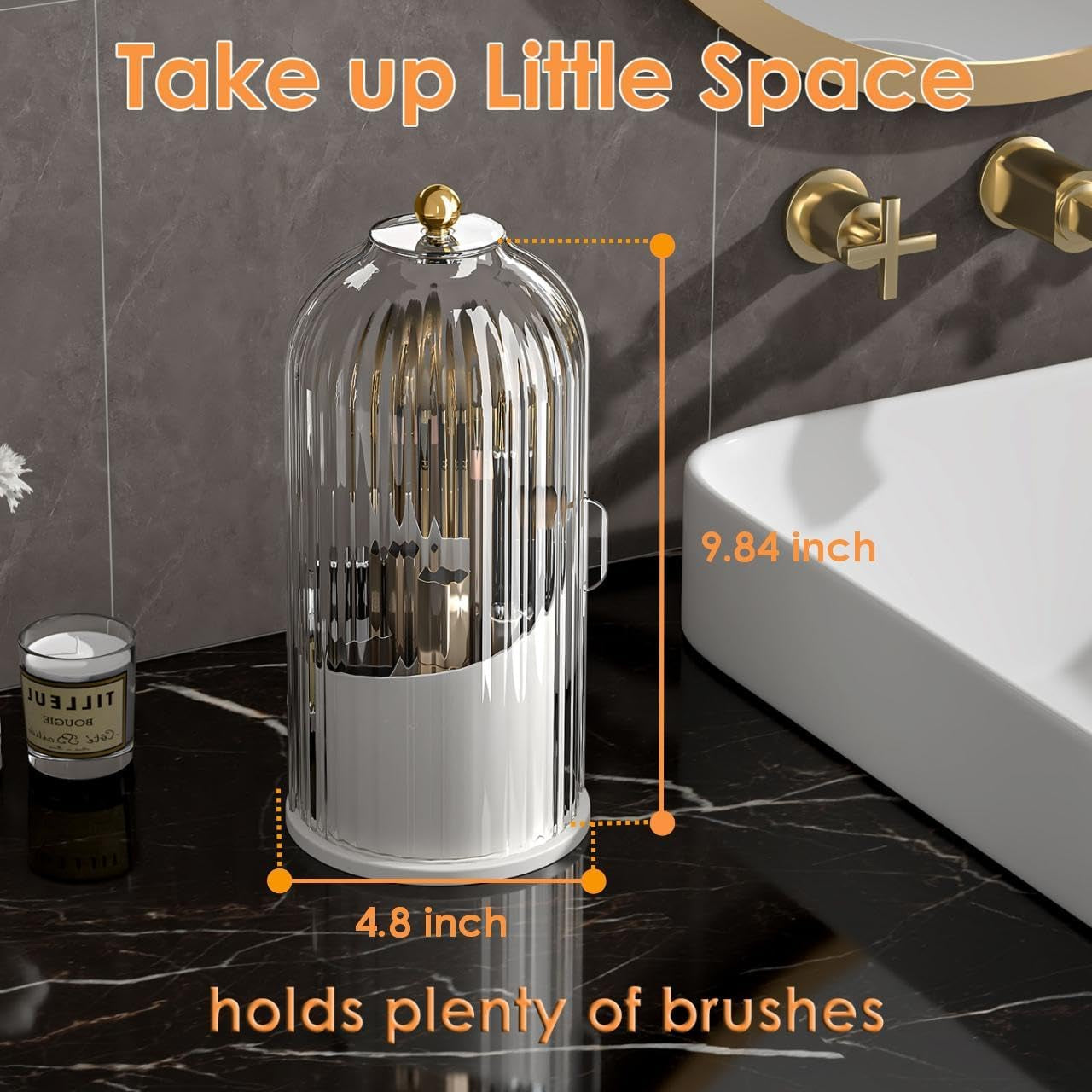 Makeup Brush Holder Organizer with Lid,360 Rotating Clear Dustproof Makeup Brushes Organizer for Vanity Desktop Bathroom Countertop (Transparent)