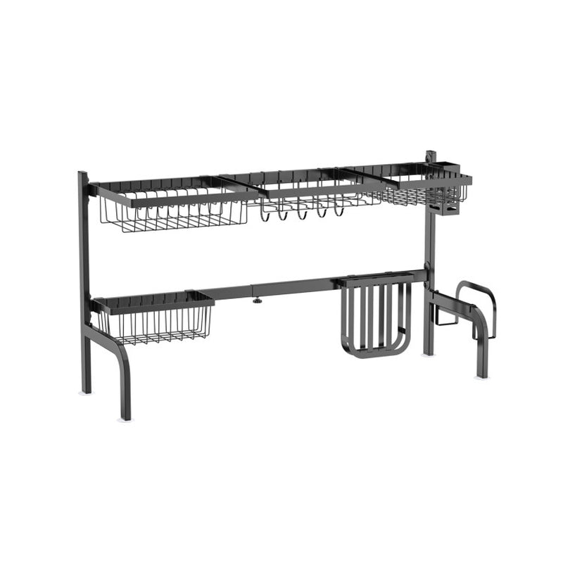 2 Tier Adjustable over Sink Dish Drying Rack with 8 Hooks