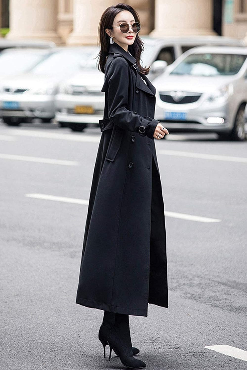 Women'S Double Breasted Duster Trench Coat Slim Full Length Maxi Long Overcoat