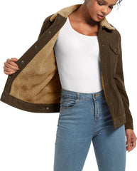 Women'S Corduroy Jacket Sherpa Fleece Lined Warm Winter Coat Button down Casual Jacket with Pockets