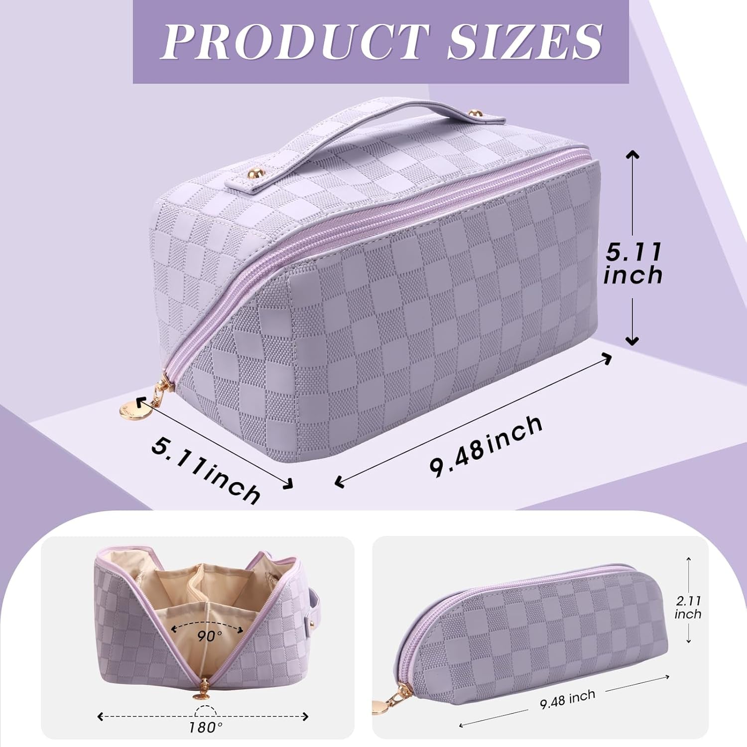 2 Piece Travel Makeup Bag,Large Capacity Cosmetic Bags Toiletry Bag for Travel Essentials,Waterproof Portable Pouch Open Flat Makeup Bag Organizer with Divider and Handle(Purple Grid)