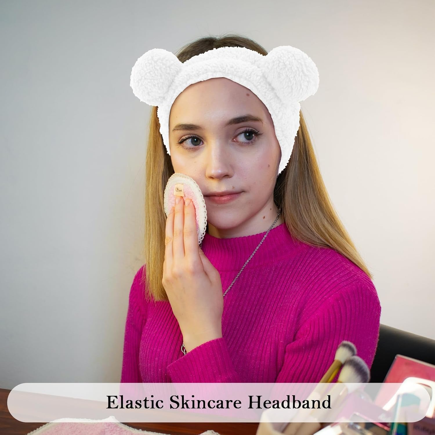 2 Pcs Bear Ears Skincare Headbands Cure Makeup Headband Pink Spa Headband for Washing Face White Face Wash Headband Facial Headband Head Band Hair Band for Makeup Cosmetic Spa Party