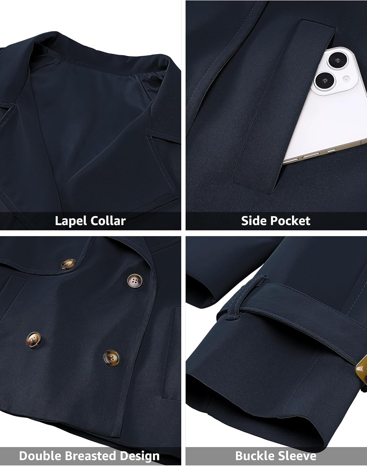 Cropped Trench Coat for Women Long Sleeve Double Breasted Notched Lapel Casual Loose Fit Jackets with Pockets