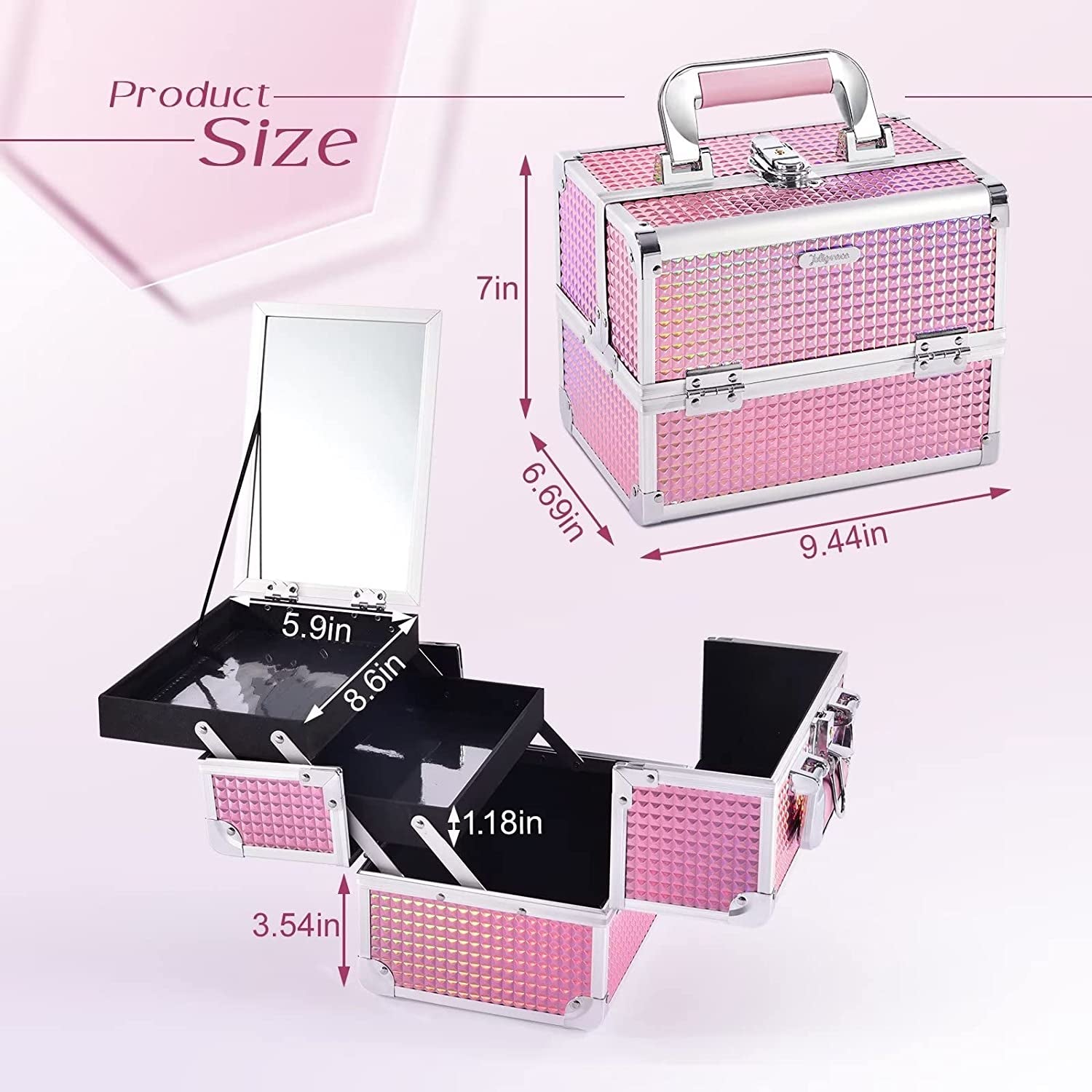 Makeup Train Case Cosmetic Box Portable Makeup Case Organizer 2 Trays Makeup Storage with Mirror Locking for Cosmetologist Aesthetic Supplies Nail Tech Traveling Makeup Box Mermaid Pink