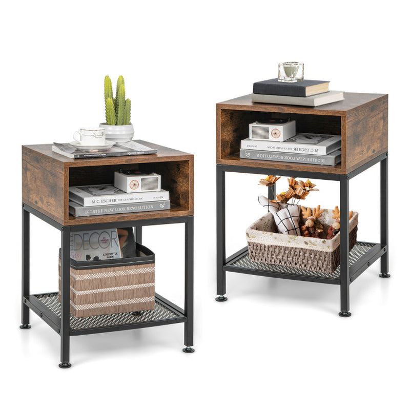 Industrial Nightstand End Side Table with Mesh Shelf