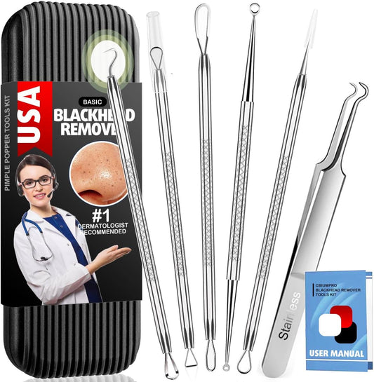 Blackhead Remover Tools, Pimple Popper Tool Kit, Blackhead Extractor Tool, Zit Popper Tool, Professional Pimple Extractor Tool for Blackhead, Acne, Whitehead, Comedone on Nose - with Case