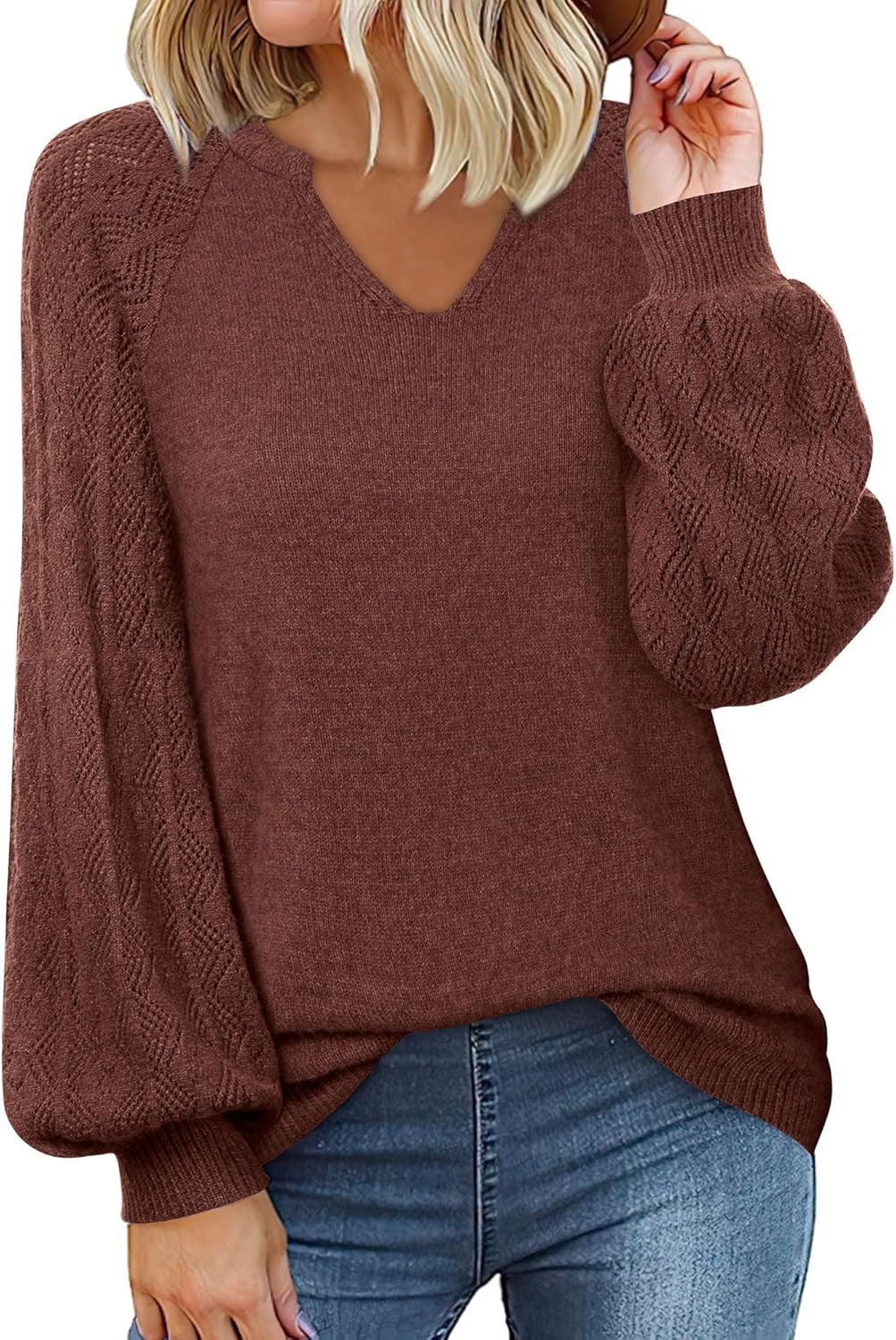 Womens Pullover Sweaters 2024 Casual Long Sleeve V Neck Loose Knit Tops