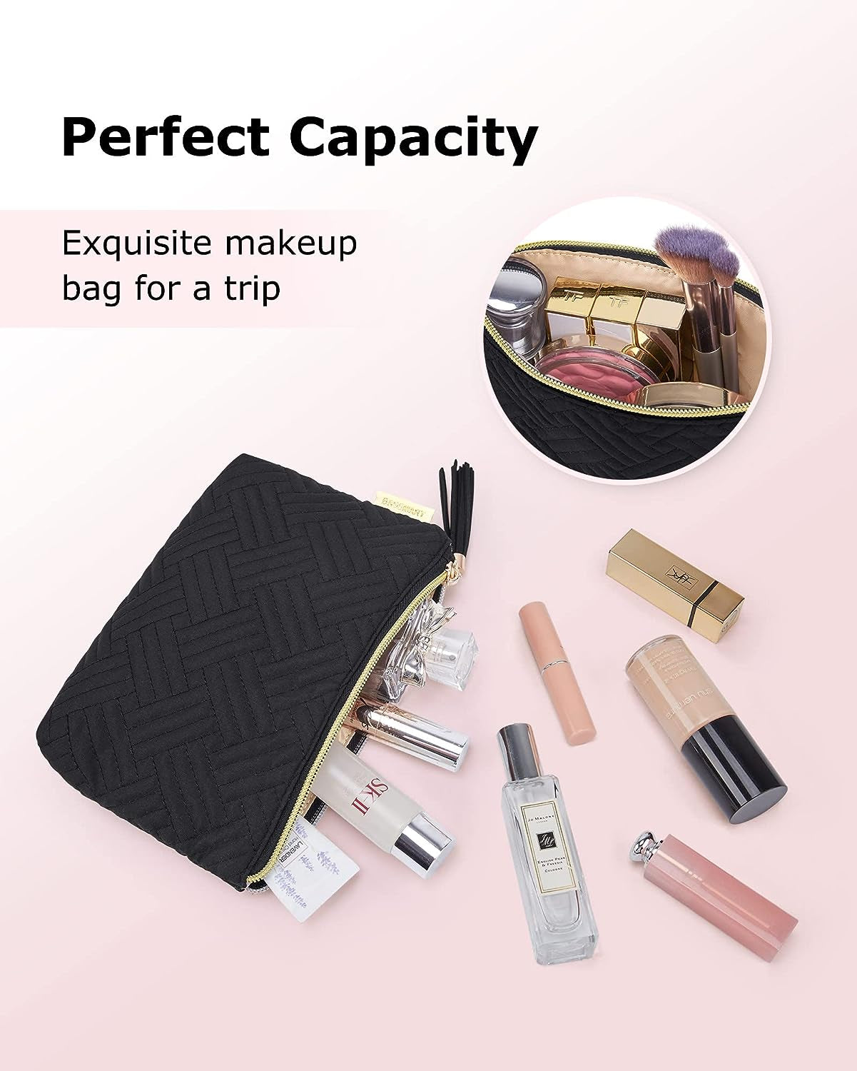 Small Cosmetic Bag, Elegant Roomy Makeup Bags,Great Gifts for Women,Travel Waterproof Toiletry Bag Accessories Organizer Gifts(Black-1Pcs)