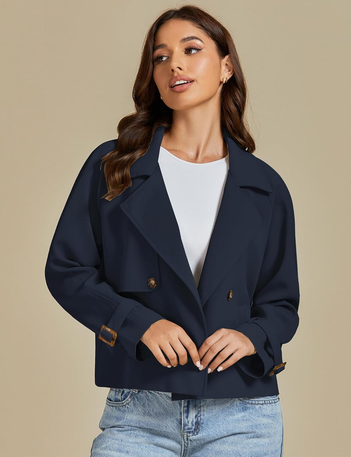 Cropped Trench Coat for Women Long Sleeve Double Breasted Notched Lapel Casual Loose Fit Jackets with Pockets