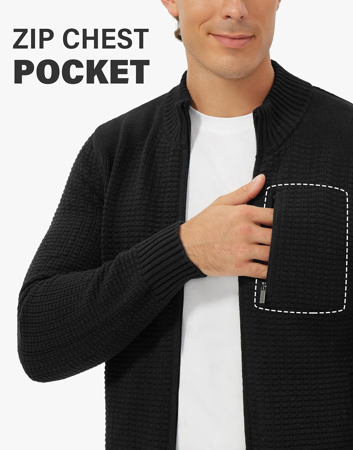 Men'S Full Zip up Cardigan Sweater Stand Collar Regular Fit Chest Pocket Knit Sweaters Casual 3 Pockets