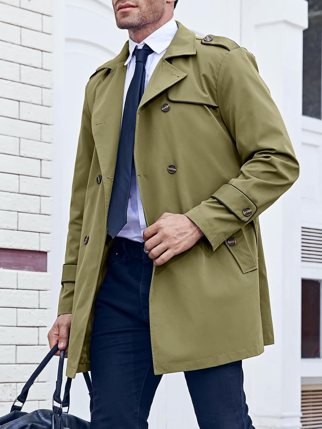 Men'S Trench Coat Slim Fit Double Breasted Notched Lapel Belted Windbreaker Long Jacket Casual Windproof Overcoat