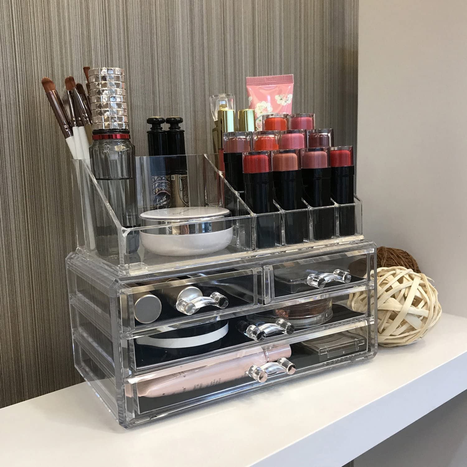 Acrylic Makeup Organizer with 4 Drawers and Removable Top Lipstick Holders, Ideal for Make-Up or Accessories,Enhance Your Vanity or Bathroom with Clear Design for Quick Visibility