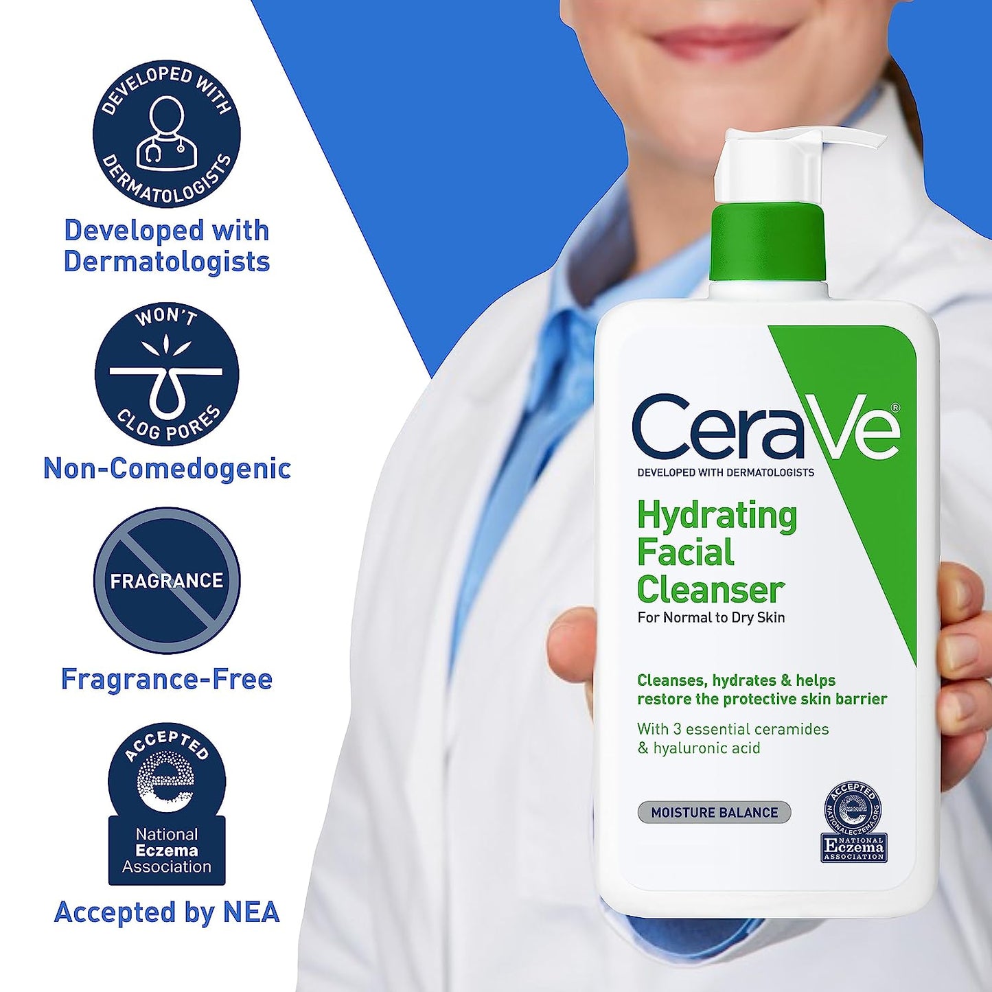 Hydrating Facial Cleanser | Moisturizing Face Wash for Dry Skin | Hyaluronic Acid + Ceramides + Glycerin | Hydrating Cleanser for Normal to Dry Skin | National Eczema Assosiation Certified