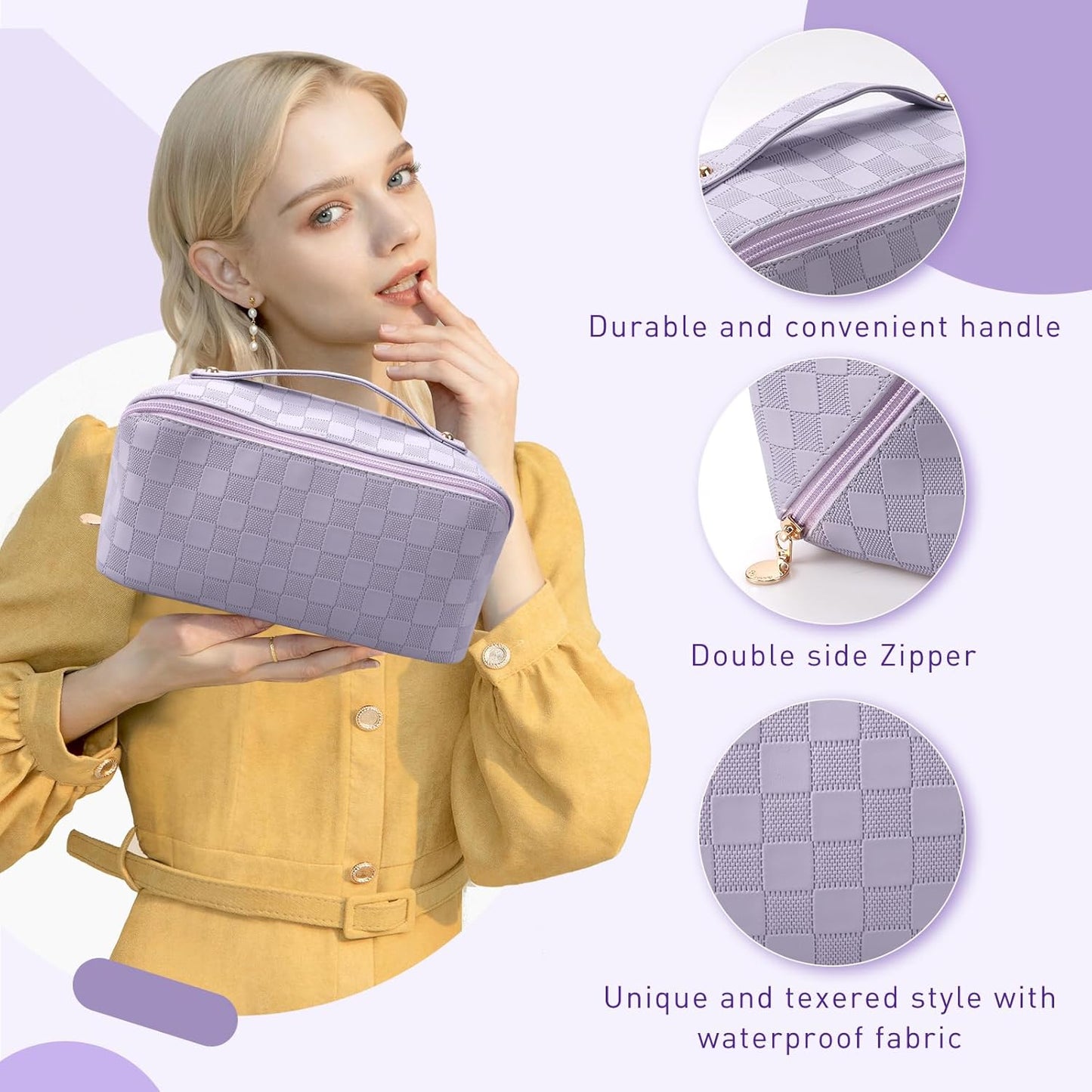 2 Piece Travel Makeup Bag,Large Capacity Cosmetic Bags Toiletry Bag for Travel Essentials,Waterproof Portable Pouch Open Flat Makeup Bag Organizer with Divider and Handle(Purple Grid)