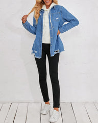 Womens Denim Jacket Distressed Button down Jean Shirt for Women Ripped Shacket Coat