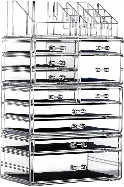 4 Pack Clear Makeup Organizer Countertop,Stackable 11 Drawers Skincare Organizer,Cute Skin Care Organizer for Vanity Hair Clip,Jewelry,Beauty Product Desk and Make up Organizers for Vanity