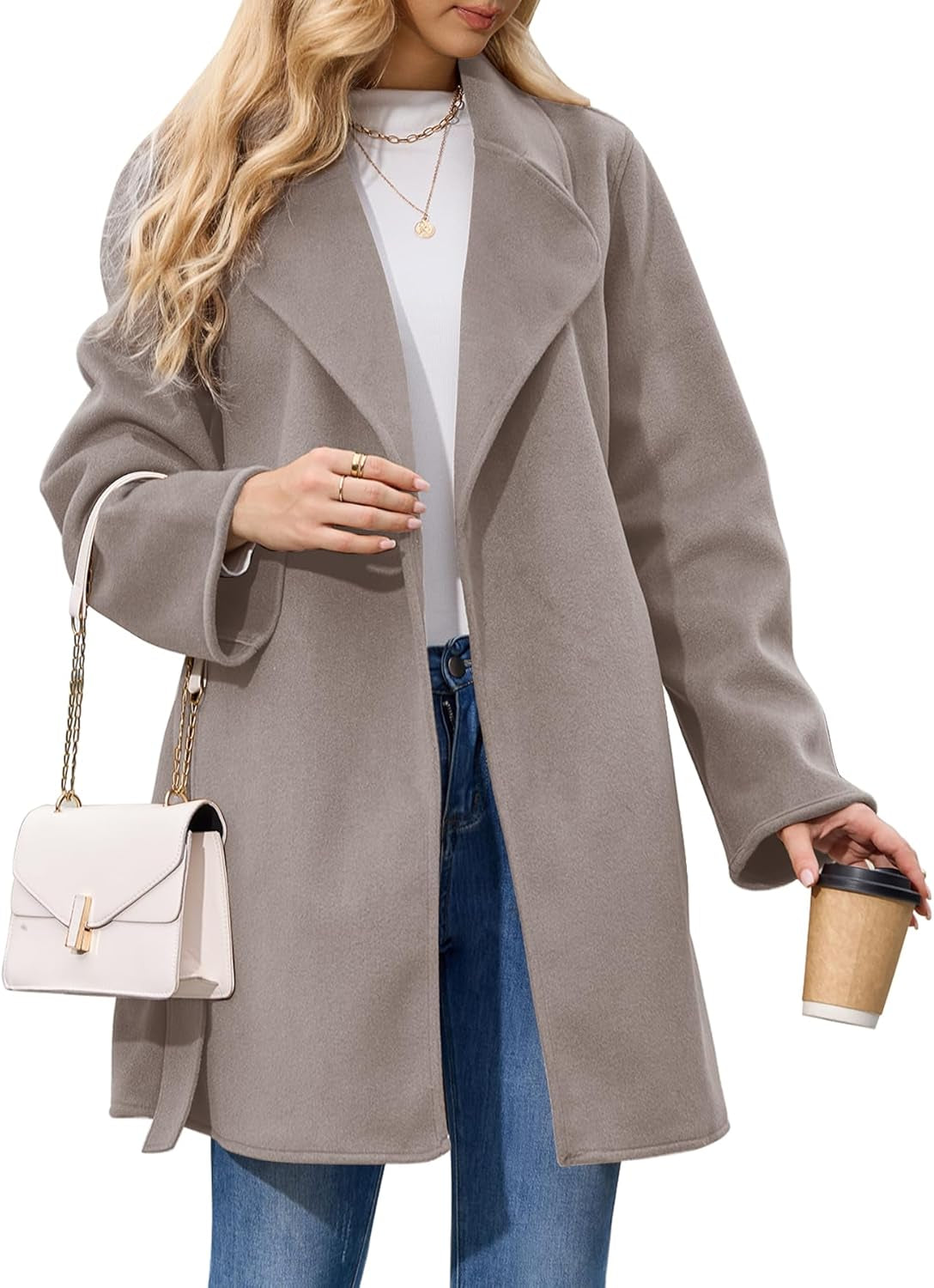 Women'S Wool Blend Coat with Pockets Mid-Long Winter Overcoat, Thick Wool & Pea Coats Jacket with Belt