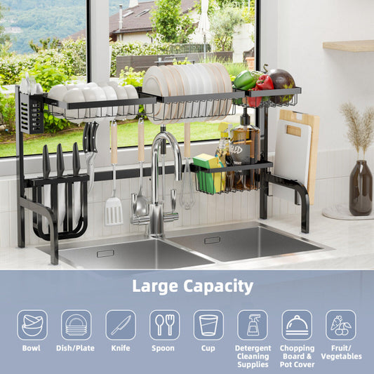 2 Tier Adjustable over Sink Dish Drying Rack with 8 Hooks