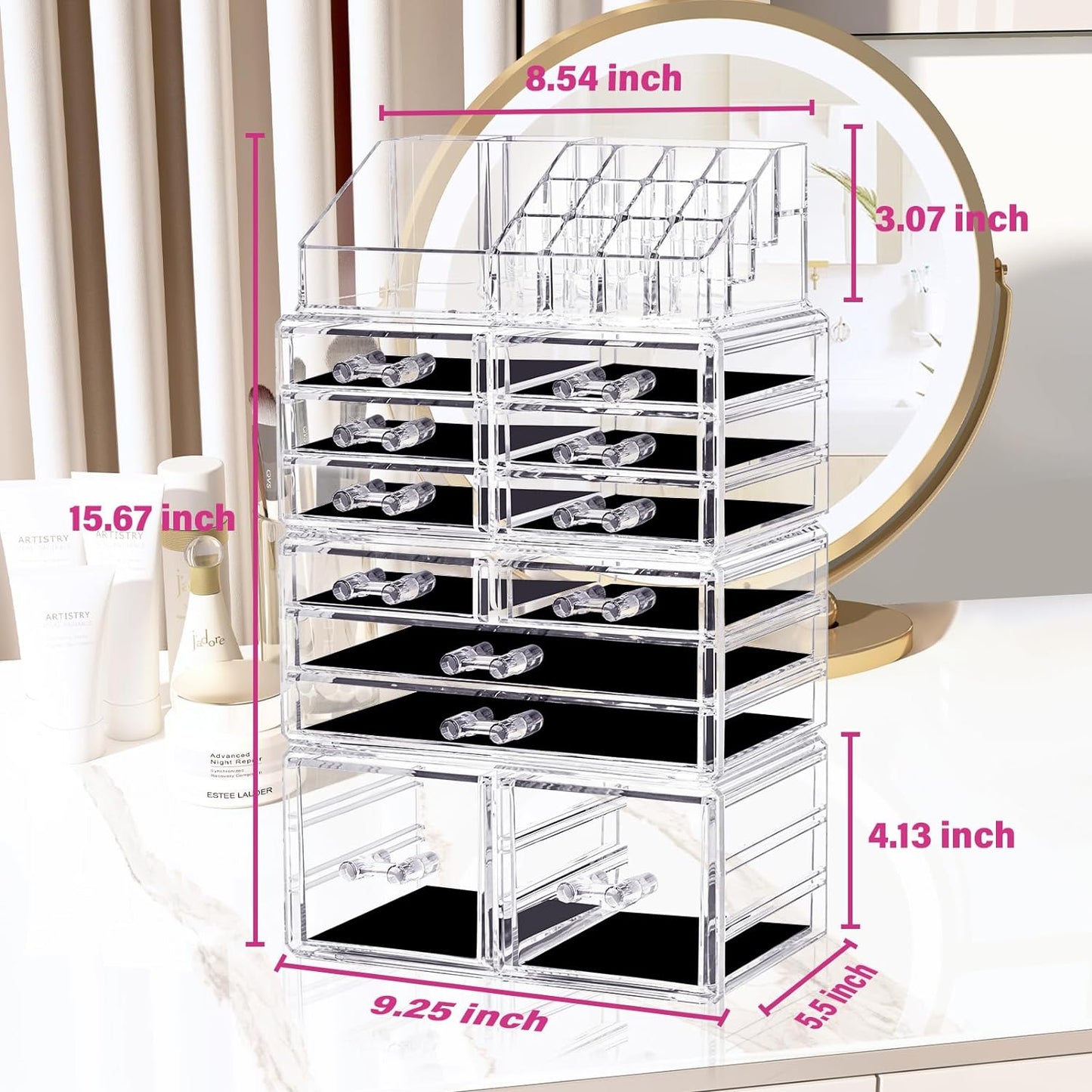 Makeup Organizer 4 Pieces, Acrylic Makeup Storage Box with 12 Drawers for Lipstick Jewelry and Makeup Brushes, Stackable Vanity Organizer for Dresser and Bathroom Countertop