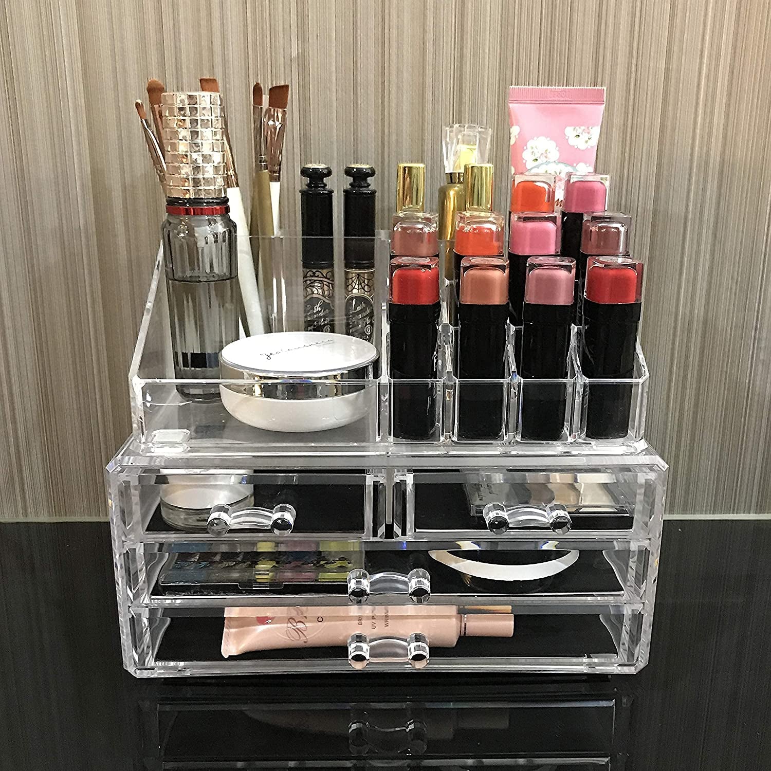 Acrylic Makeup Organizer with 4 Drawers and Removable Top Lipstick Holders, Ideal for Make-Up or Accessories,Enhance Your Vanity or Bathroom with Clear Design for Quick Visibility