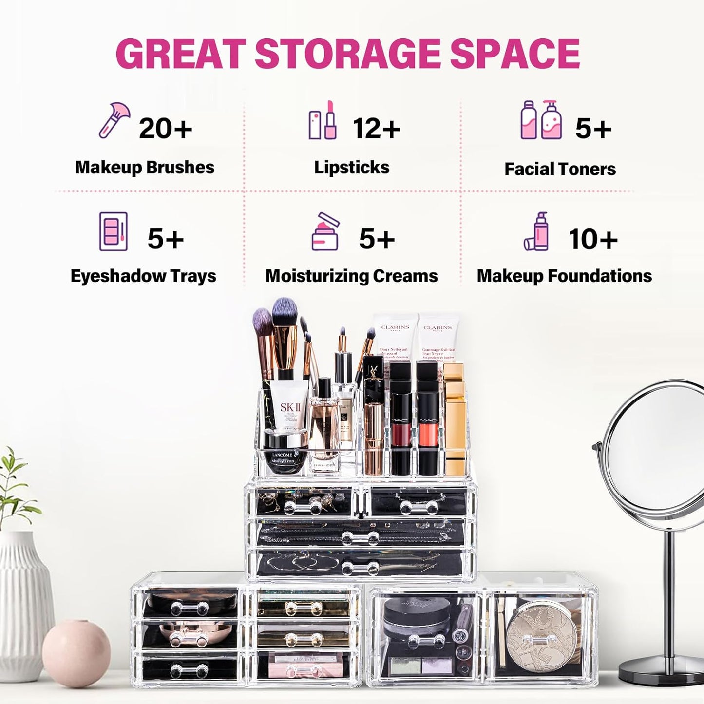 Makeup Organizer 4 Pieces, Acrylic Makeup Storage Box with 12 Drawers for Lipstick Jewelry and Makeup Brushes, Stackable Vanity Organizer for Dresser and Bathroom Countertop