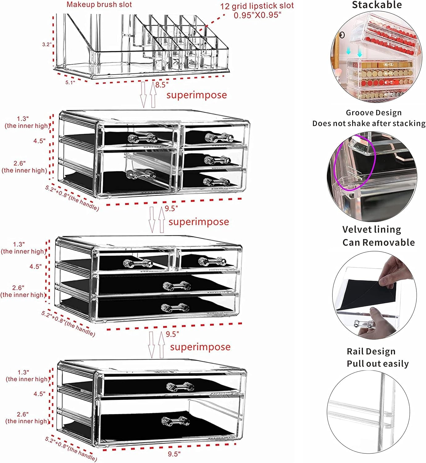 4 Pack Clear Makeup Organizer Countertop,Stackable 11 Drawers Skincare Organizer,Cute Skin Care Organizer for Vanity Hair Clip,Jewelry,Beauty Product Desk and Make up Organizers for Vanity