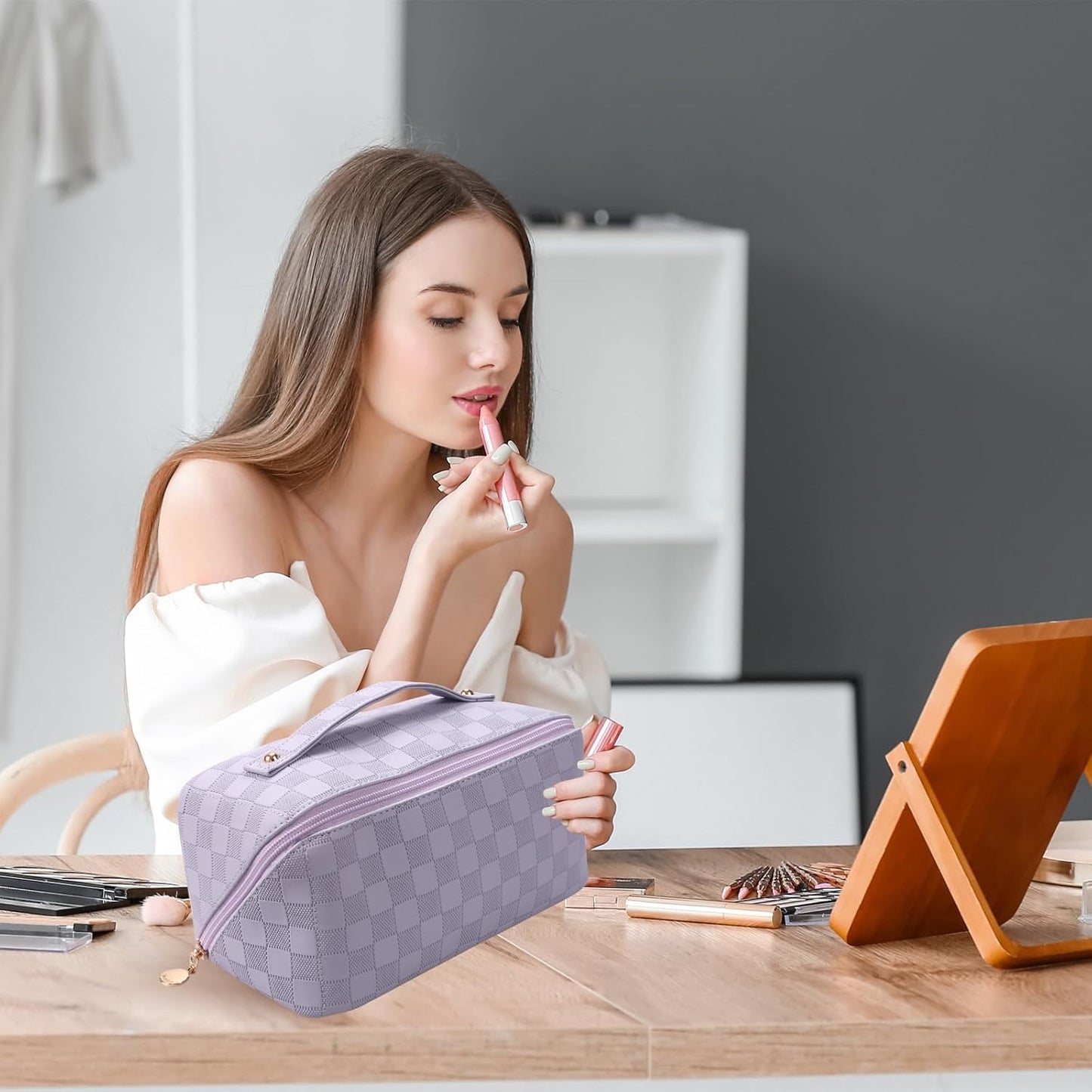 2 Piece Travel Makeup Bag,Large Capacity Cosmetic Bags Toiletry Bag for Travel Essentials,Waterproof Portable Pouch Open Flat Makeup Bag Organizer with Divider and Handle(Purple Grid)