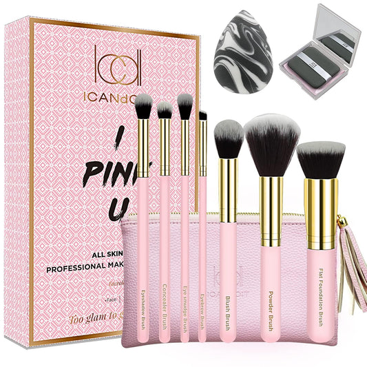 Icandoit 10 Pcs Make up Brushes Set with Premium Synthetic Foundation Powder Concealers Eye Shadows Eyebrow Brushes,Sponge,Oil Blotting Sheets&Luxury Comsetic Bag