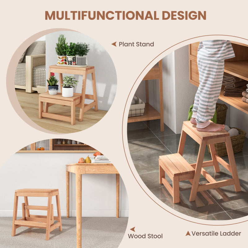 Multipurpose Wood Folding 2-Step Stool for Indoor Outdoor Plant Stand