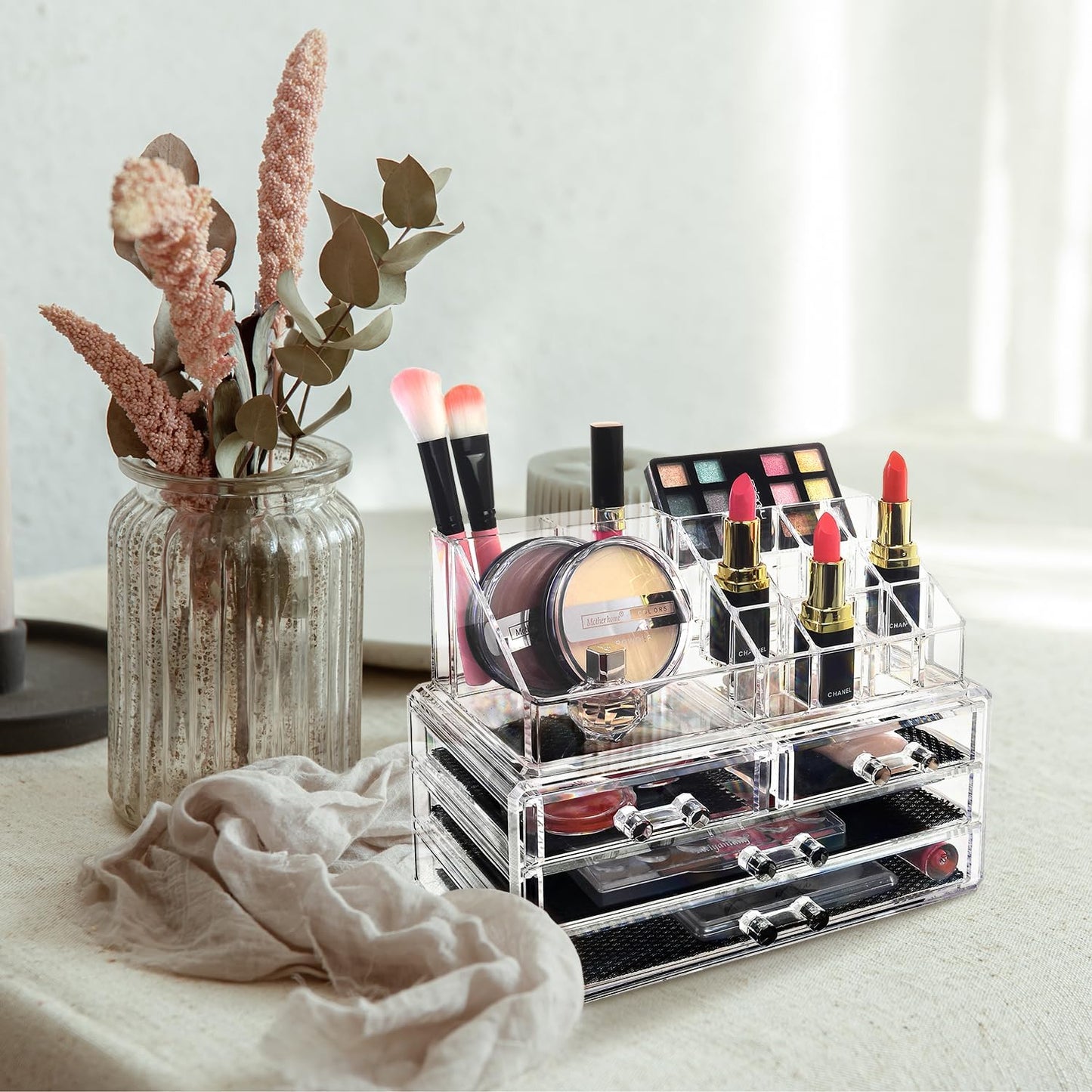 Acrylic Makeup Organizer with 4 Drawers and Removable Top Lipstick Holders, Ideal for Make-Up or Accessories,Enhance Your Vanity or Bathroom with Clear Design for Quick Visibility