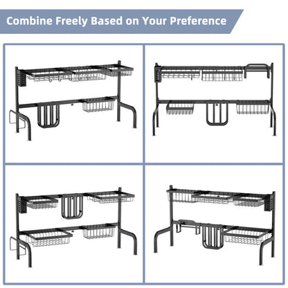 2 Tier Adjustable over Sink Dish Drying Rack with 8 Hooks