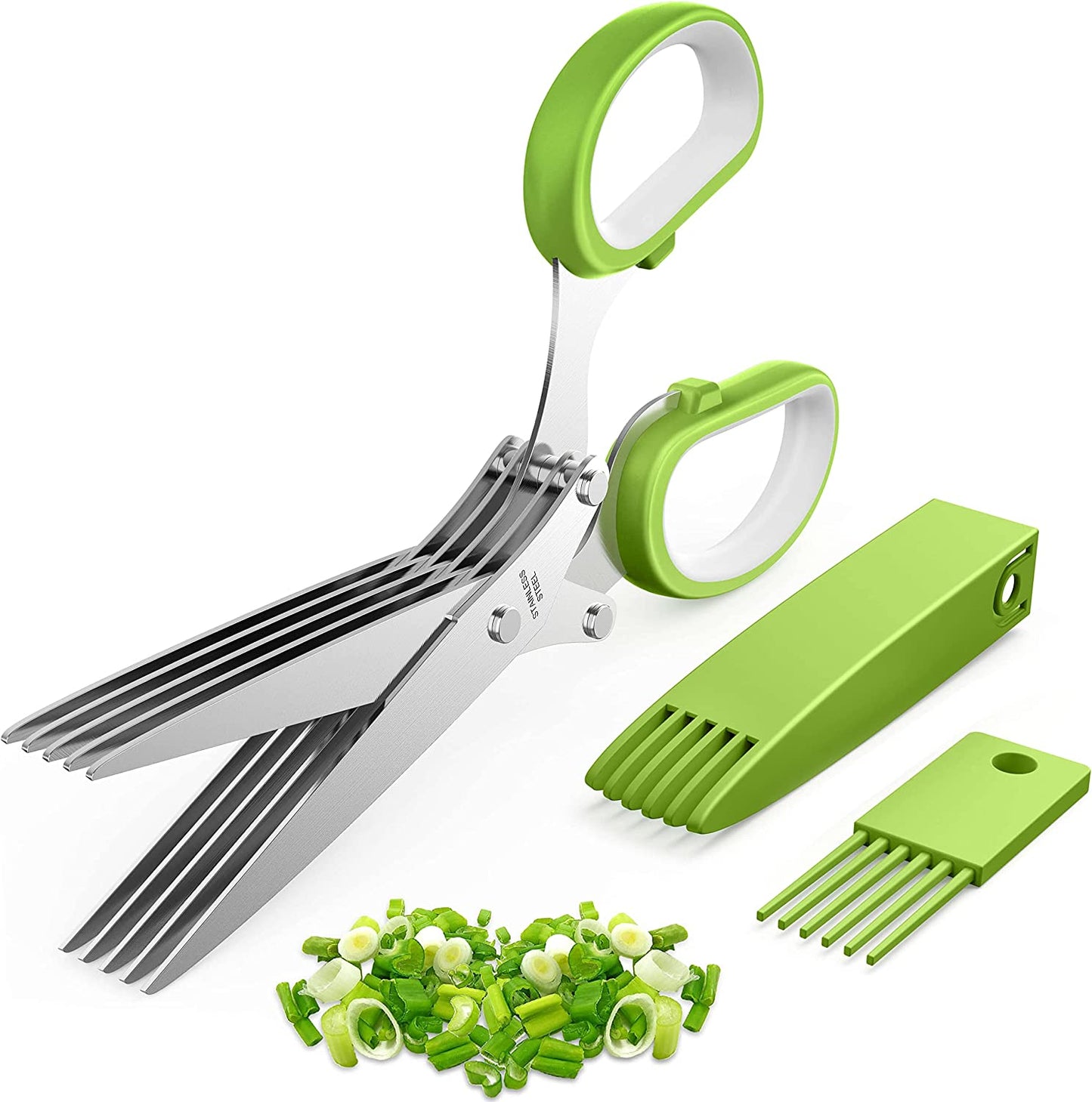 Herb Scissors, Kitchen Herb Shears Cutter with 5 Blades and Cover, Sharp Dishwasher Safe Kitchen Gadget - Green